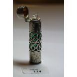 Edward VII pierced silver cylindrical scent bottle by C.E.Williams, Birmingham, 1903, with green