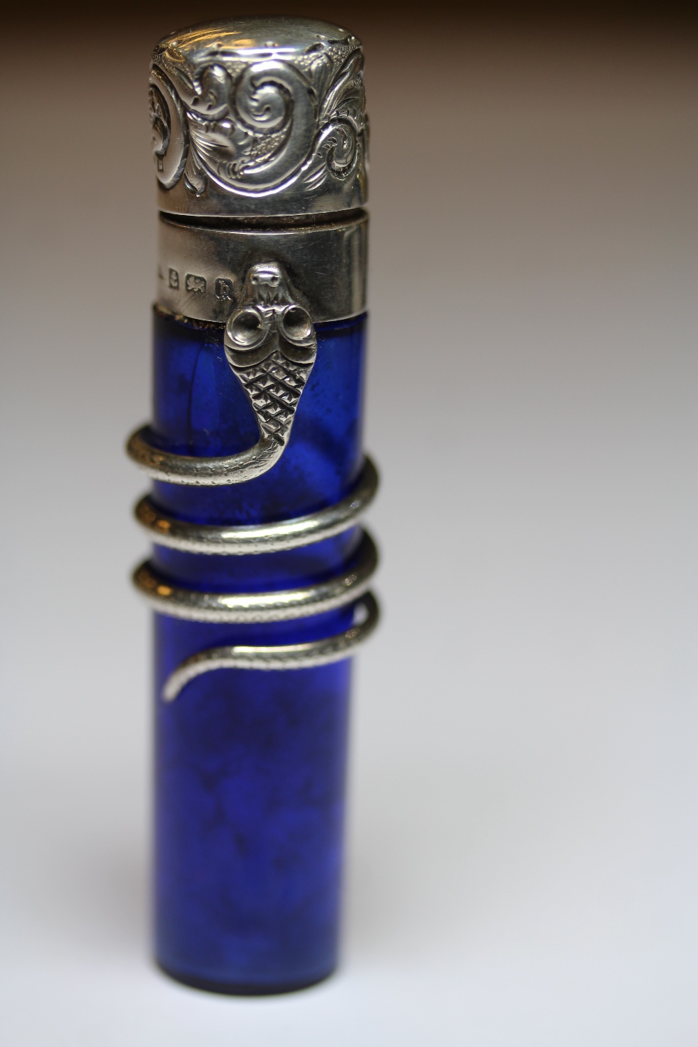 Edward VII silver mounted 'Bristol Blue' glass cylindrical scent bottle by G.E. Walton, Birmingham