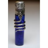 Edward VII silver mounted 'Bristol Blue' glass cylindrical scent bottle by G.E. Walton, Birmingham