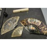 19th Century pierced and silvered mother of pearl, painted silk and lace trimmed fan, decorated with
