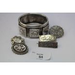 Aesthetic silver stiff bracelet and five Aesthetic silver brooches