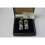 Pair of silver and blue topaz pendant earrings of Mackintosh style (for pierced ears)