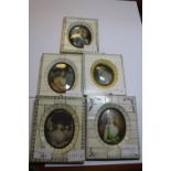 Group of five antique ivory miniature portraits of women, in antique ivory 'Piano Key' frames