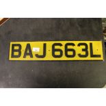 Vintage metal number plate BAJ 663L