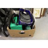 Michelin double barrel footpump, small socket set and a box of car related items