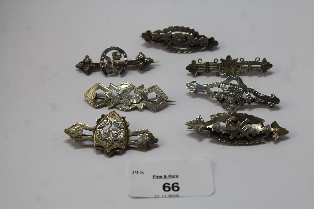 Seven Victorian silver leaf design brooches