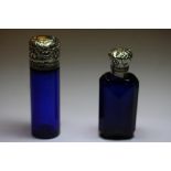 Victorian white metal (thought silver) mounted 'Bristol Blue' glass cylindrical scent bottle and a