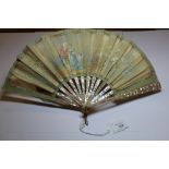 Late 19th Century brass studded mother of pearl and painted silk fan, decorated by Brison with a