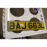 Vintage metal number plate BAJ 663L