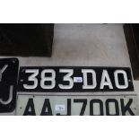 Vintage Ace black and white printed metal number plate 383 DAO