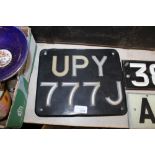 Vintage Bluemels metal number plate UPY 777J