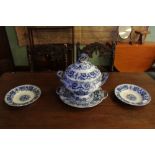 19th Century 'Flow Blue' Pottery Tureen (A.F) with Stand and 2 Plates