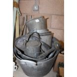 Collection of galvanised metal buckets and 2 metal baths