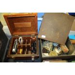 Large Tin of Clock Parts & Mahagony Fitted Camera Box