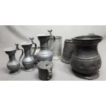 Quantity of Pewter Tankards and Measures including an Early Georgian Tankard with a lot of weights