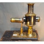 Rare Miniature Paraffin Tin and Brass Magic Lantern with Original Glass Slides, label Einlass-kart-