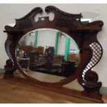 Late Victorian Mahogany Overmantle Mirror with Oval Glass and Fretted Sides (broken pediment