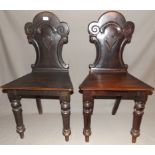 Pair of Victorian Mahogany Hall Chairs with Turned Front and Shield Backs