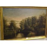 Oil on Canvas Painting of a Fisherman Fishing along a Canal approximately 36" x 24" in Gilt Frame (