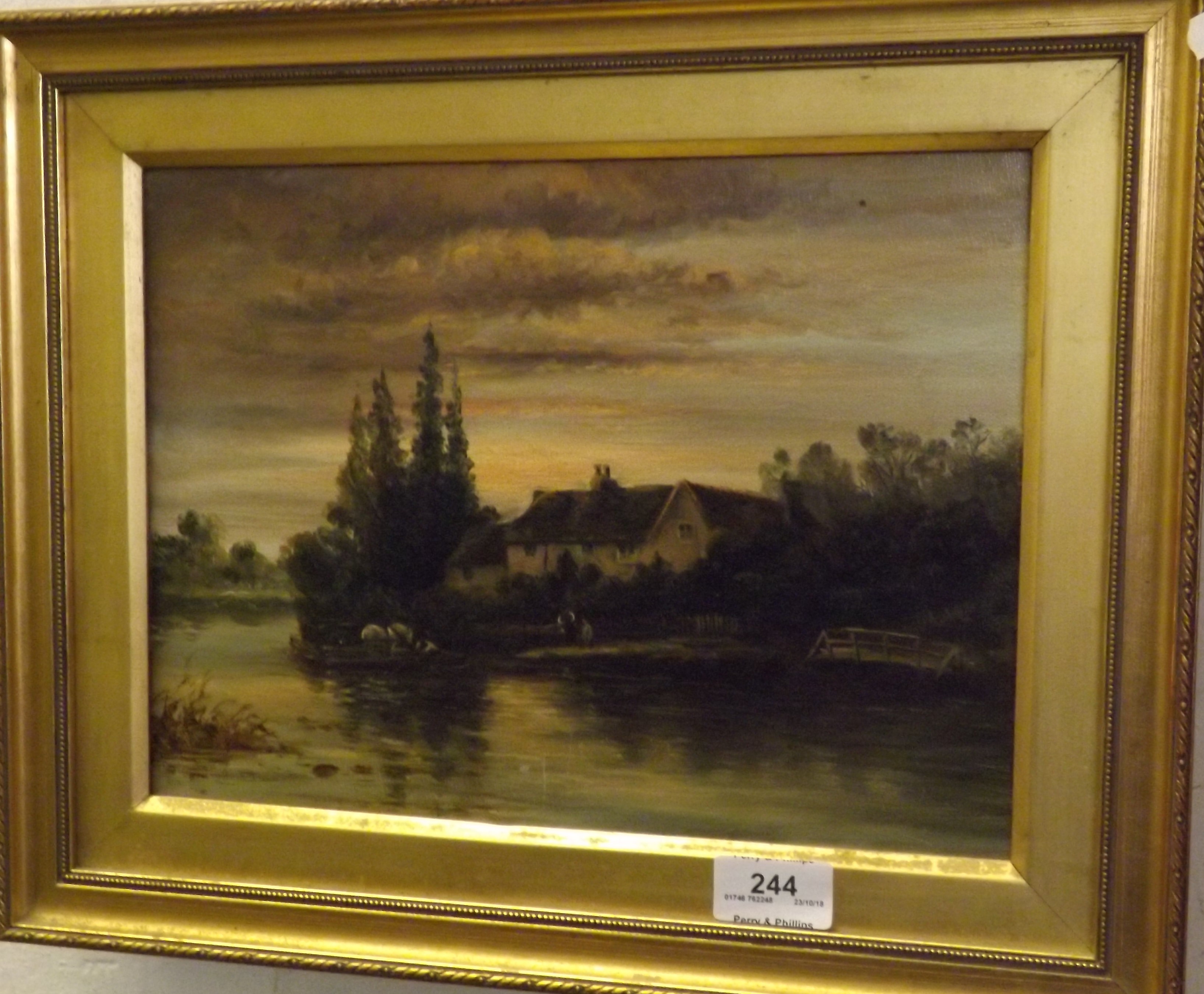 Small Oil on Canvas of a Cottage and River Scene with Boatmen in Foreground 11.5" wide 8.5" tall