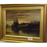 Small Oil on Canvas of a Cottage and River Scene with Boatmen in Foreground 11.5" wide 8.5" tall