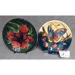 Pair of Moorcroft Pin Dishes , one with painted butterflies the other with Hibiscus flowers