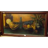 Framed Oil on Board Still Life with Mandolin and Vase of Fruit 39" wide 19.5" tall