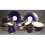 Victorian Hand Painted Tea Set Decorated in Cobalt Blue Gilt Floral Decoration comprising 8 cups,