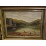 Early 19th Century Landscape of a Lake Scene with Herons and Gulls 24" wide 18" tall in Heavy Gilt