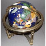 12" Lapis Globe in Brass Gimble Table Stand Inlaid with Over Thirty Different Mineral and Semi