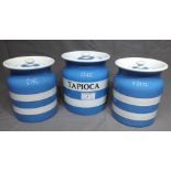 T G Green Cornish Ware Blue & White Stripped Storage Canister 6.25" tall labelled "Tapioca" with two