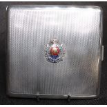 Hall Marked Silver Cigarette Case with Engine Turned Decoration and the badge of the Royal Engineers