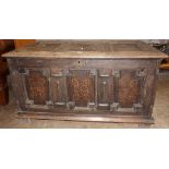 Antique Oak Coffer with Three Panel Front with Later Scratch Carving and Moulding's and Three