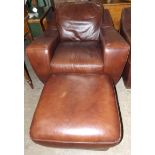 Matching Brown Leather Armchair and Footstool