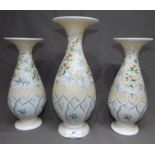 Garniture of Continental Milk Glass Vases Decorated with Hand Painted Flowers and Leaves, the centre