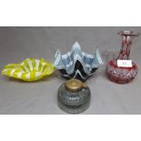Two Chance Glass Handkerchief Glass Vases, a Victorian Ruby Glass Carafe and a Victorian Glass