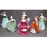 Six Royal Doulton Figurines "Top of The Hill" "Happy Birthday" "Jennifer" "Emily" "Belle" and "