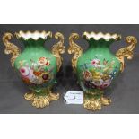 Pair of 6.75" tall Vases, possibly Coalport, with Hand Painted Flowers on a Green Ground with