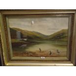 Victorian Oil on Canvas of Cattle at a Lake with Mountains in Background 17.5" x 11.5" in Gilt