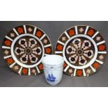 Two Crown Derby 1528 Pattern 22cm Plates in good condition together with a Blue & White Crown