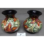 Pair of 4" Moorcroft Bulbous Vases copyright 1999 with Green Ground and Blue and Red Flowers