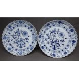 Pair of Meissen 27cm Blue & White Plates with Scalloped Edges and Painted with Scenes of Flowers,