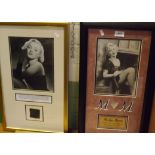 Two Framed Photographs of Marylin Monroe one with 2" square of fabric cut from one of her dresses