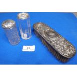 Hall Marked Silver Backed Clothes Brush and Two Silver Topped Dressing Table Jars