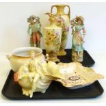 A pair of continental Bisque figures, Conch figures and Wores style vase and Jug No condition