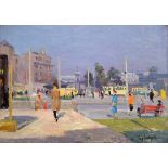 Eugenio Scorzelli (1890-1958), Italian street scene with figures, signed, oil on board, 24 x 34.