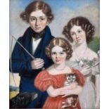 English School, 19th century, Family group portrait, unsigned, pastel, 24 x 20cm, 9.5 x 8in, set