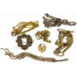 Three 9ct gold chains, 9ct gold padlock fastener, two silver chains and a silver marquisate set