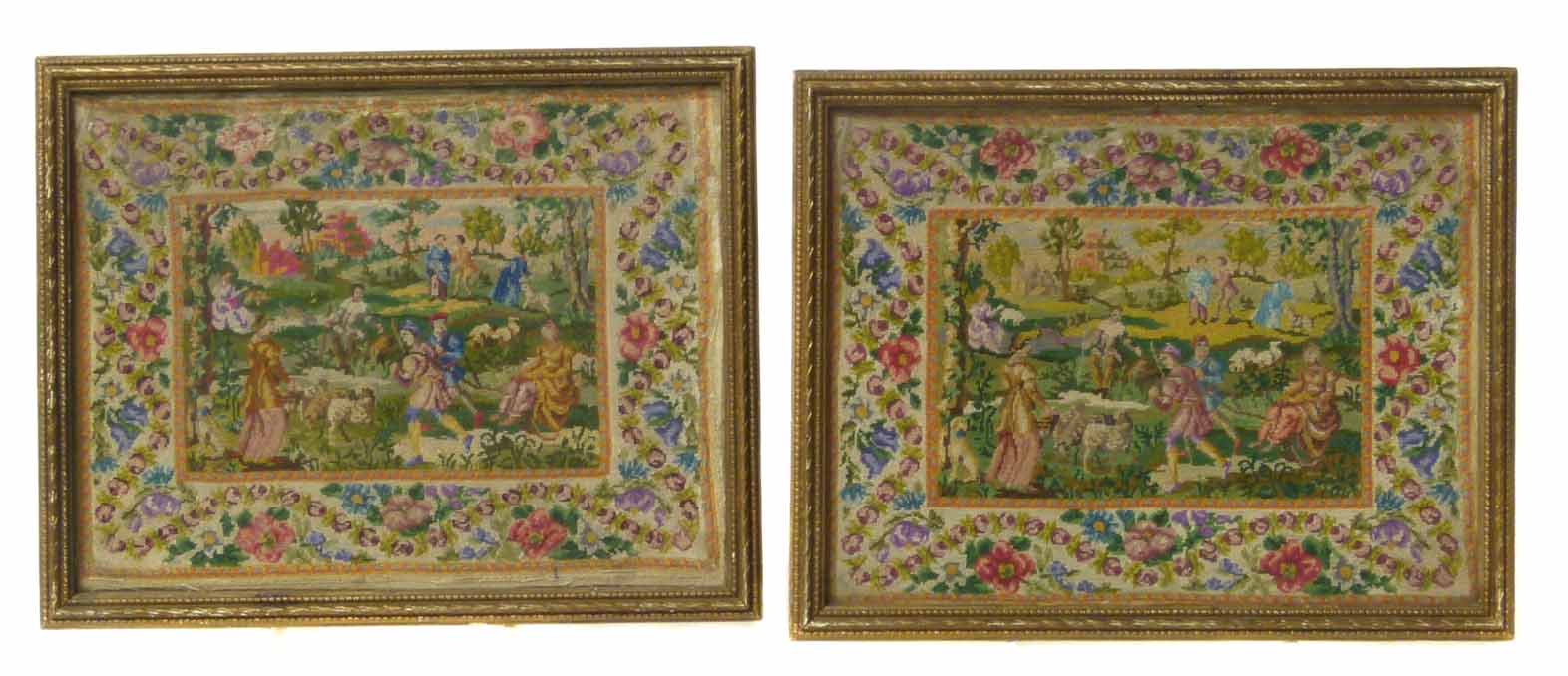 Pair of needlepoint pictures depicting dancing figures. No condition reports for this sale.