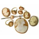 A group of 9ct gold shell cameo set jewellery comprising two dress rings, one brooch and one pendant